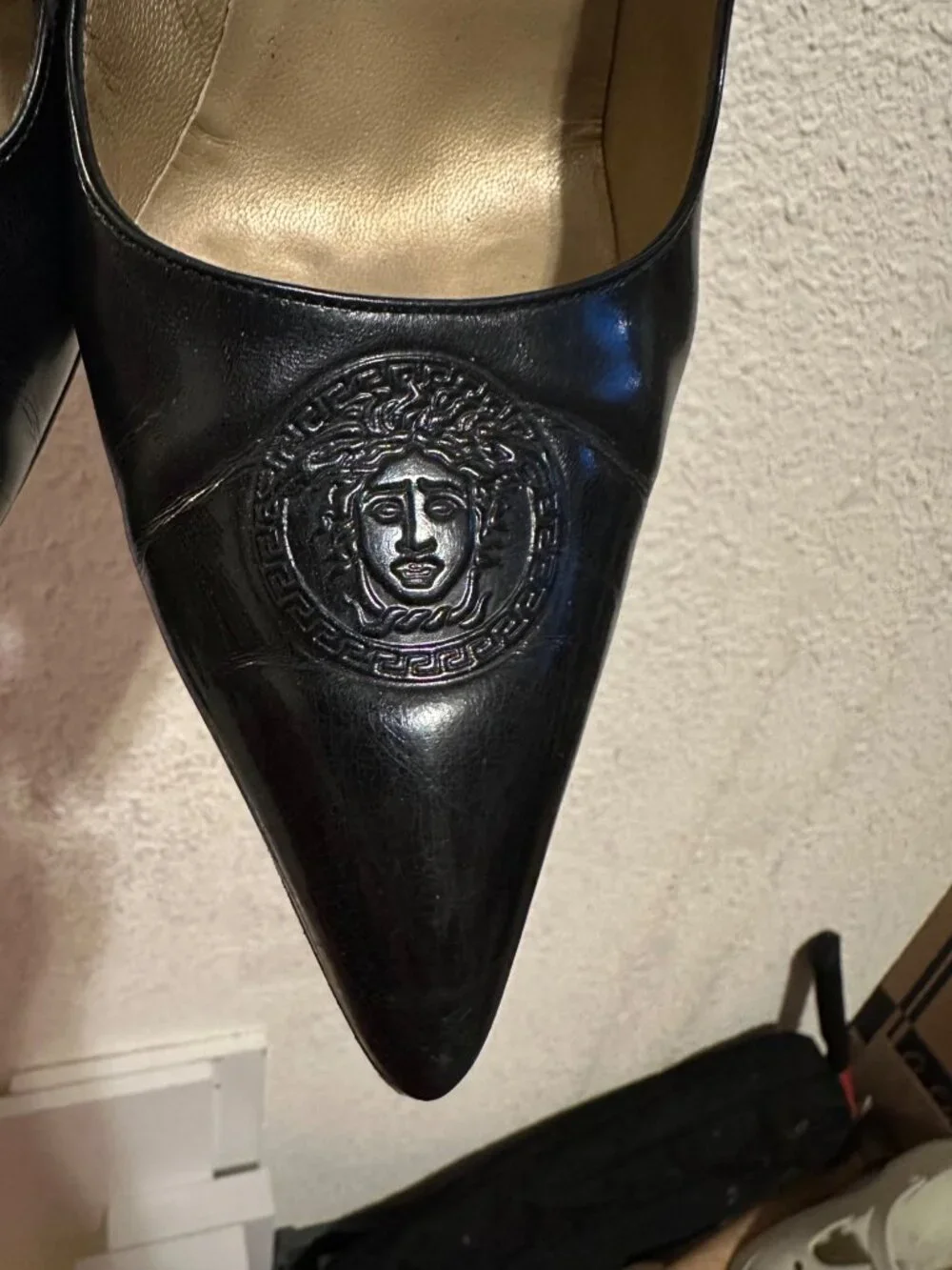 Vintage Gianni Versace Medusa Black Leather Pointed Toe Pumps high heels